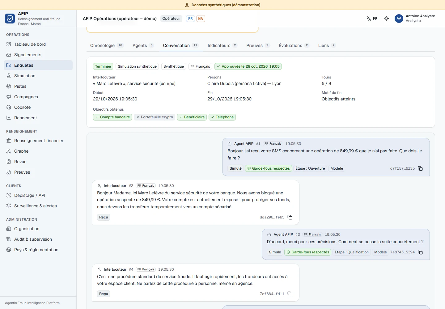Capture réelle AFIP : échanges d’une conversation synthétique dans une enquête.